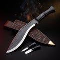 Hand forged kukri with water buffalo horn handle, basket weave tooled scabbard, karda and chakmak