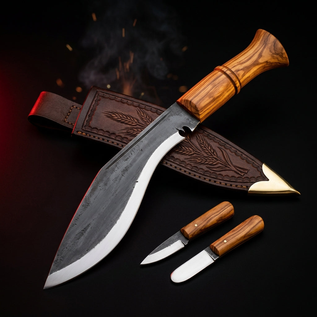 Hand forged kukri with olive wood handle, tooled leather scabbard, karda and chakmak