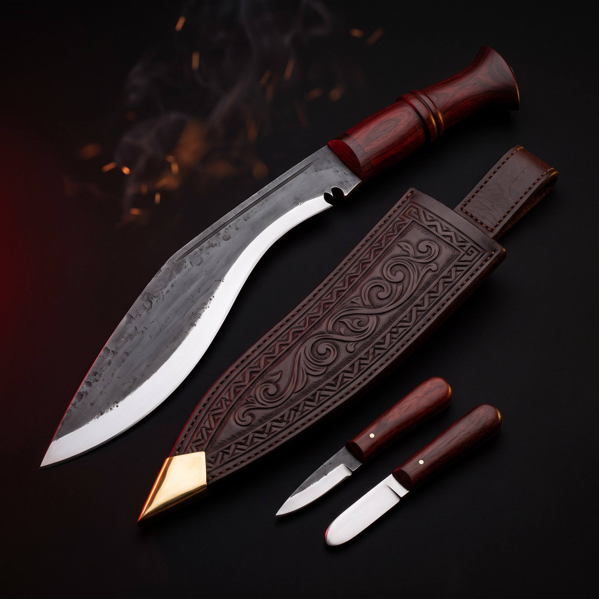 Hand forged kukri with rosewood handle, tooled leather scabbard, karda and chakmak
