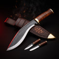 Hand forged kukri with stacked leather handle, tooled leather scabbard, karda and chakmak