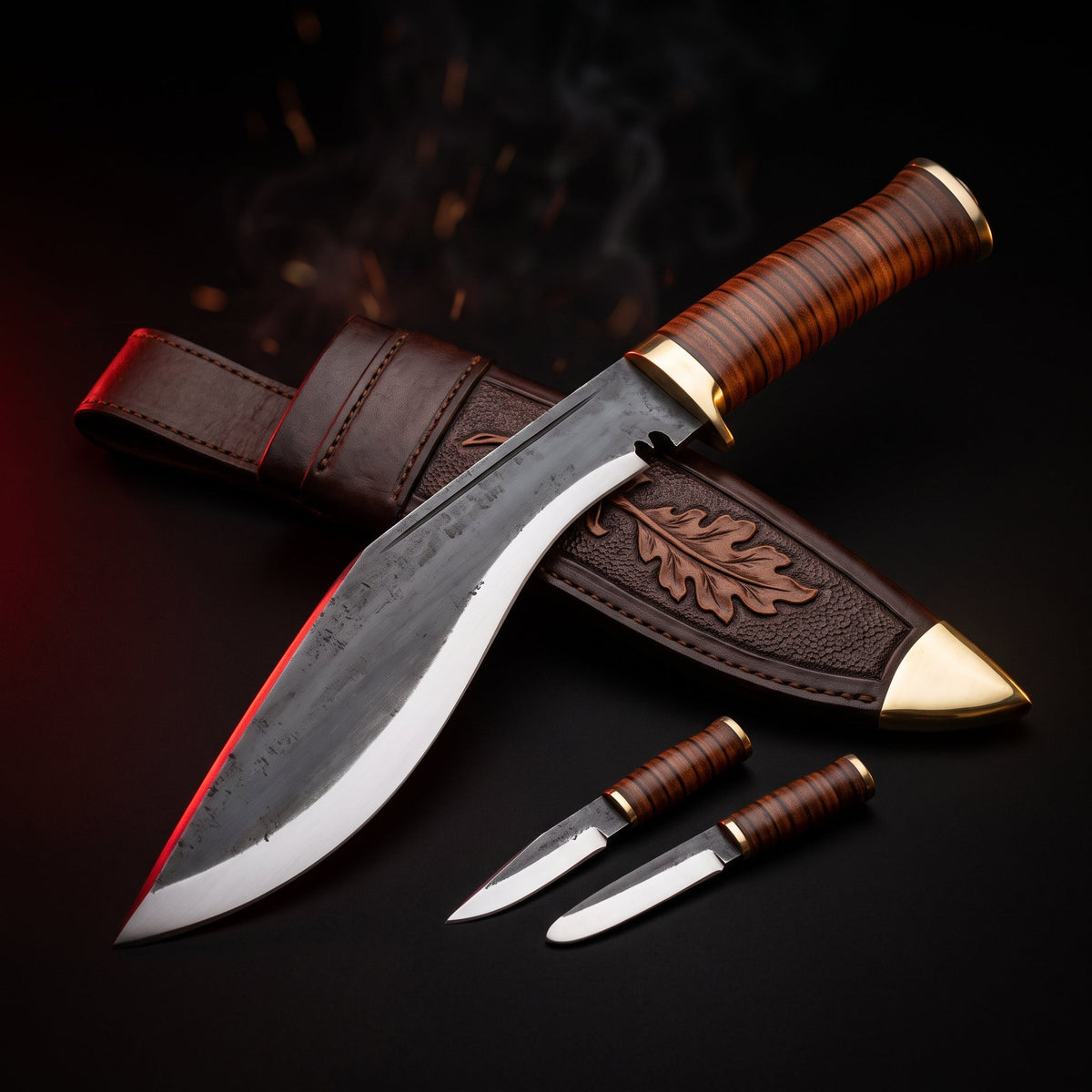 Hand forged kukri with stacked leather handle, tooled leather scabbard, karda and chakmak