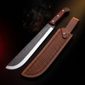 Hand forged machete with rosewood handle and basket weave tooled leather sheath