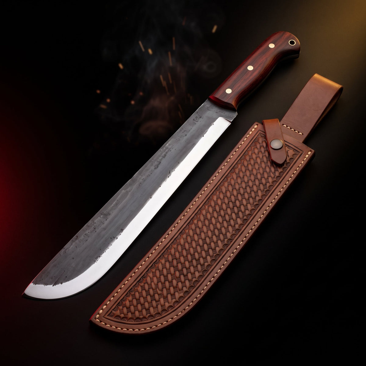 Hand forged machete with rosewood handle and basket weave tooled leather sheath