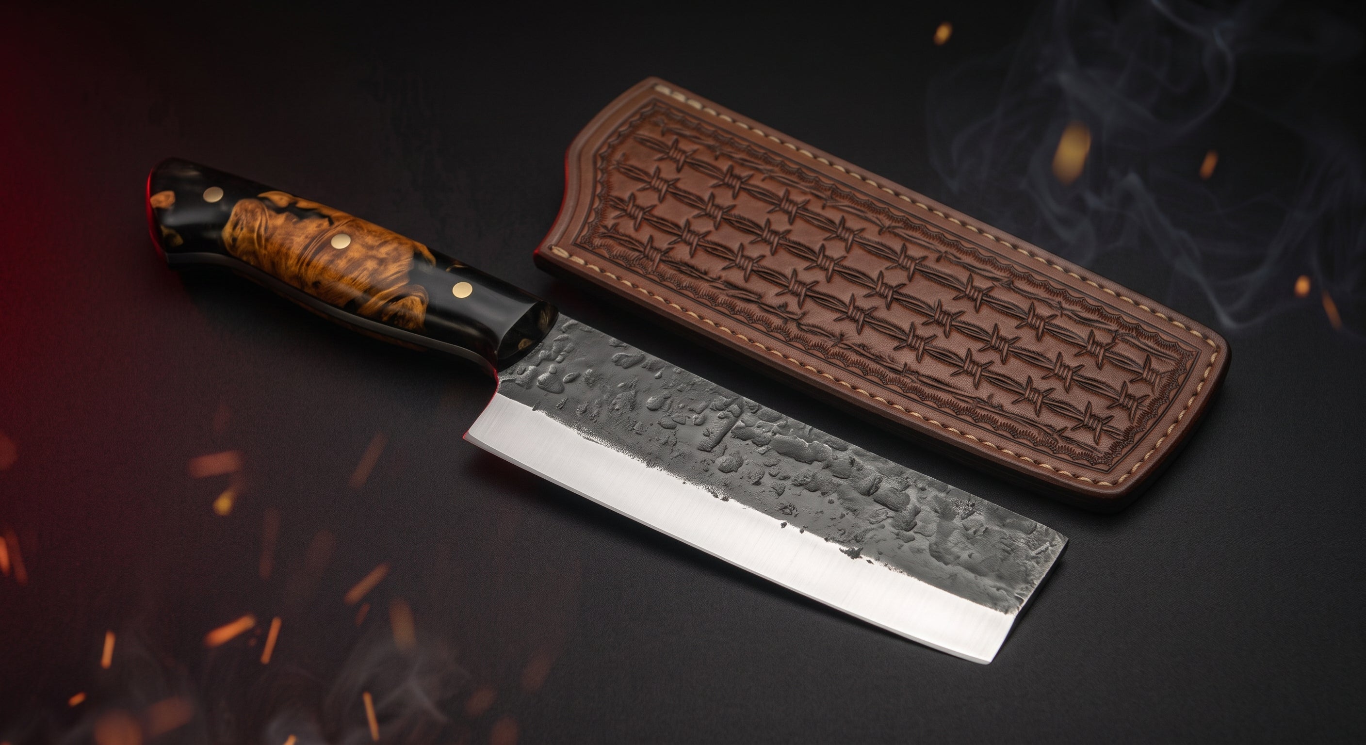 Hand forged carbon steel nakiri knife with burl wood handle and stamped leather sheath
