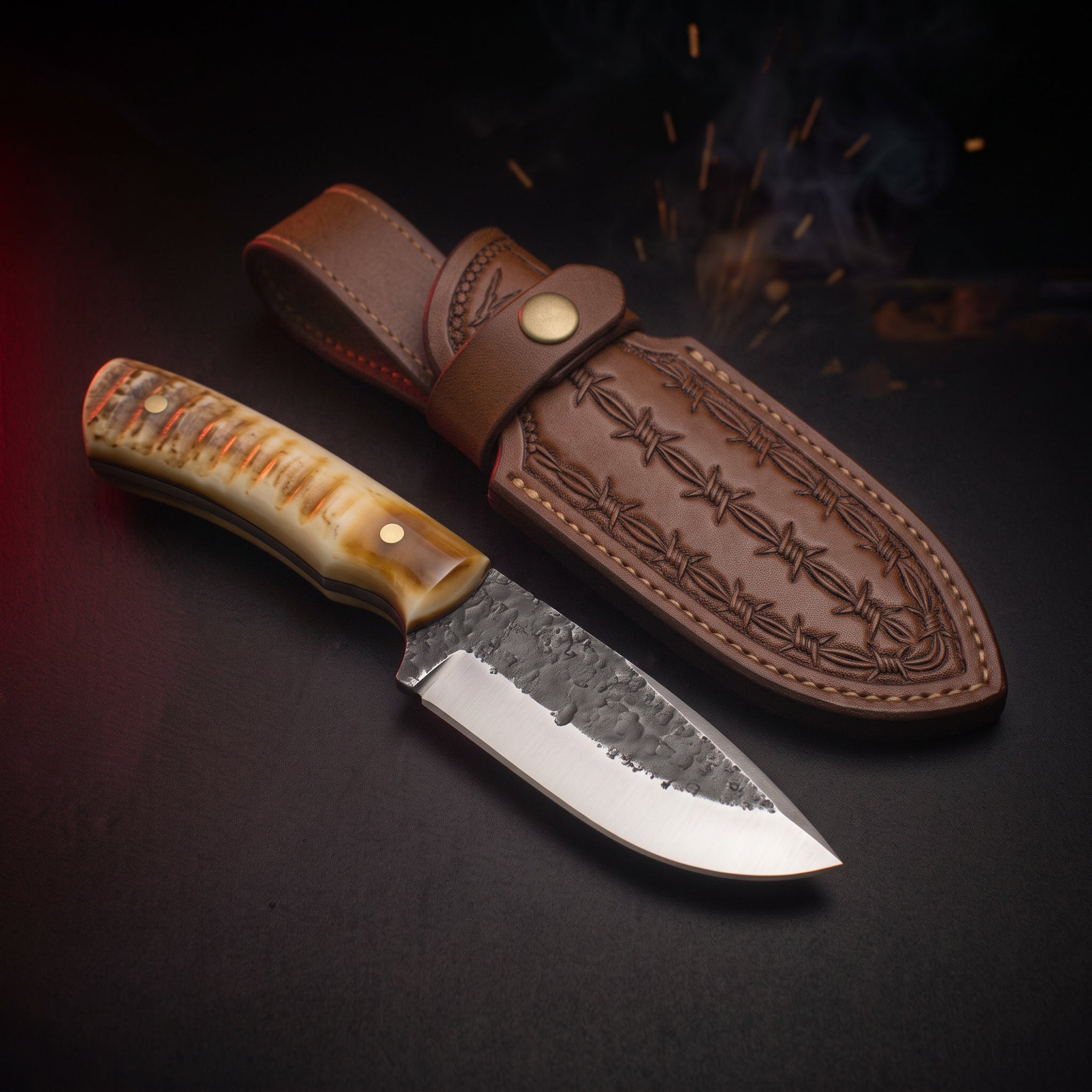 Hand forged carbon steel skinning knife with ram horn handle and tooled leather belt sheath