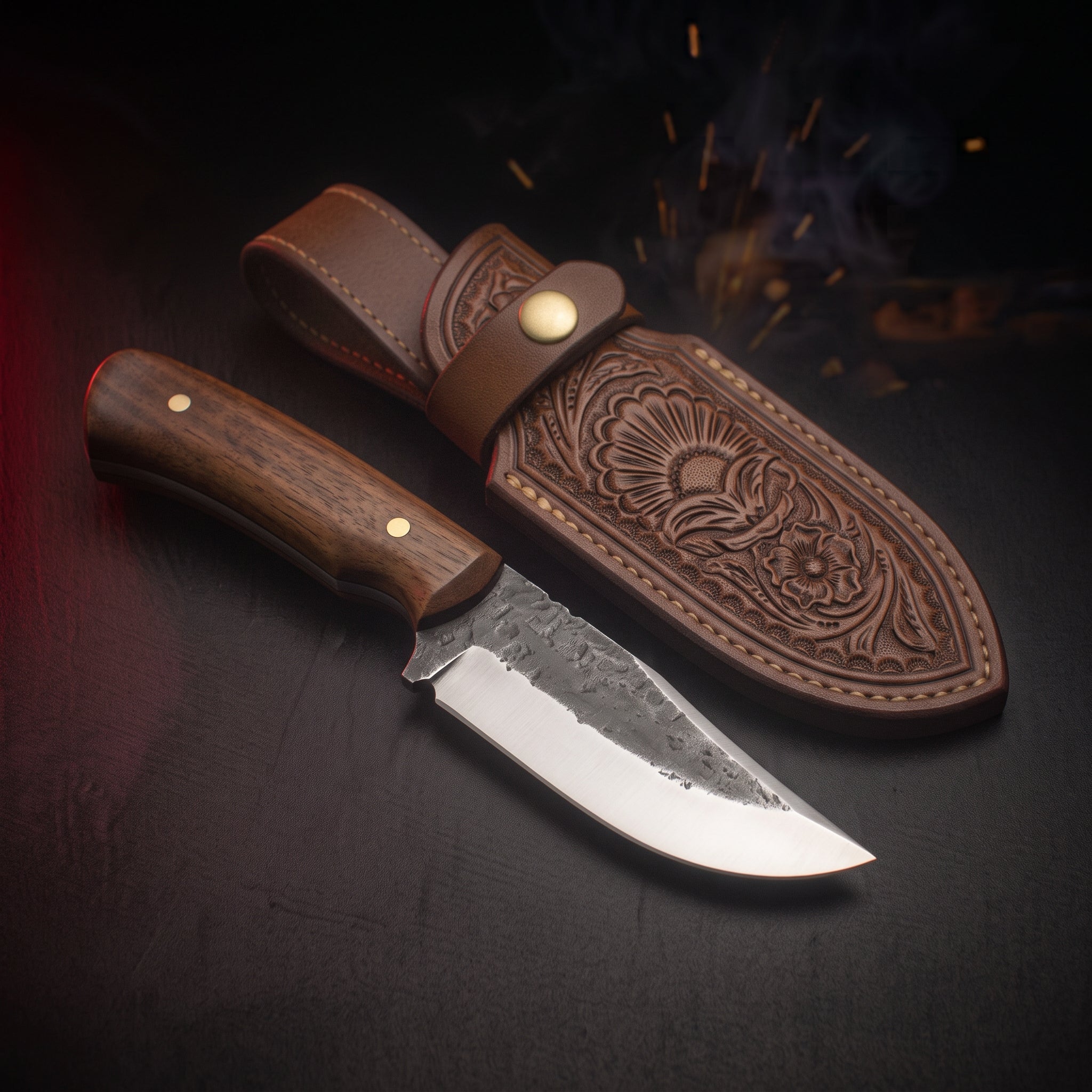 Hand forged carbon steel skinning knife with rosewood handle and tooled leather belt sheath