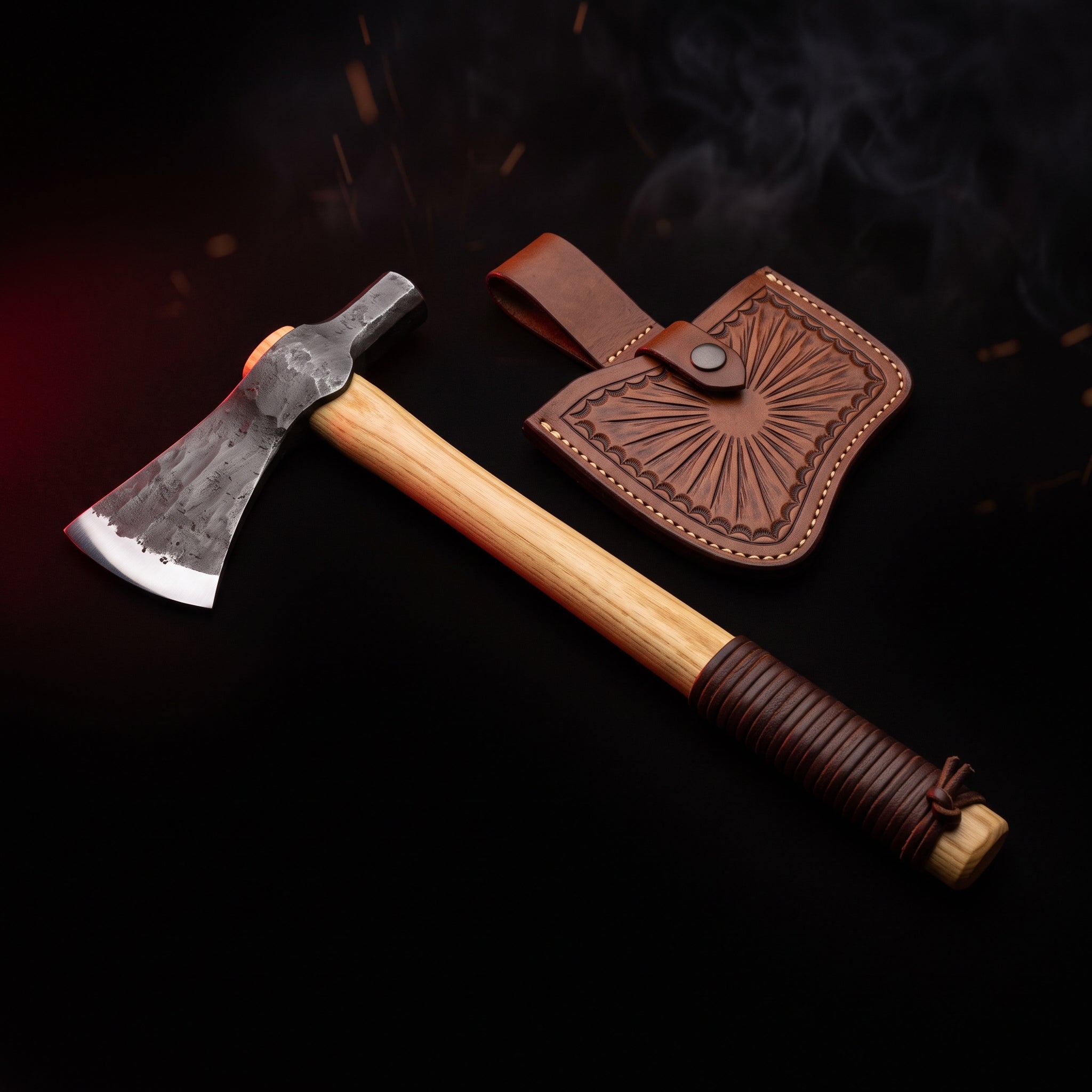 Hand forged carbon steel tomahawk with leather wrapped ash handle and tooled leather head cover