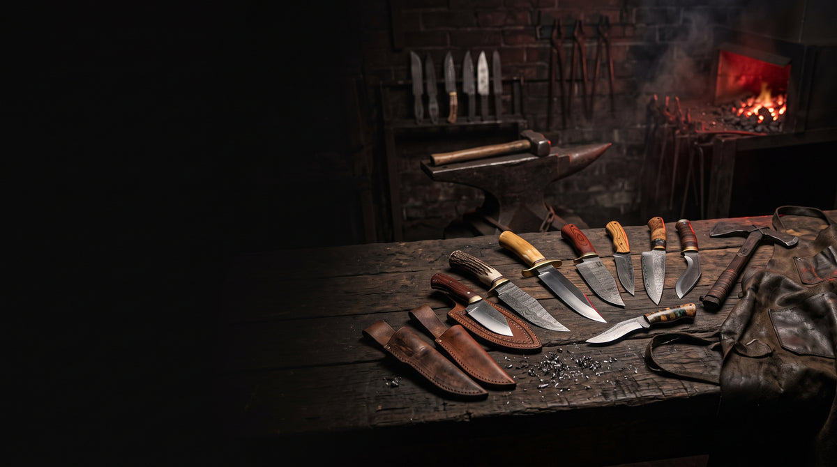Hand forged Damascus knives laid out on a wooden workbench in a knife workshop, with an anvil and a glowing forge behind them
