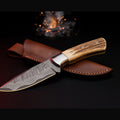 Damascus drop point hunting knife with stag horn handle and leather sheath
