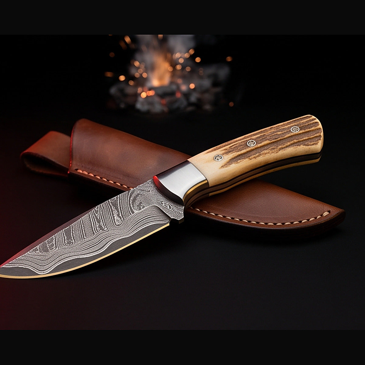 Damascus drop point hunting knife with stag horn handle and leather sheath