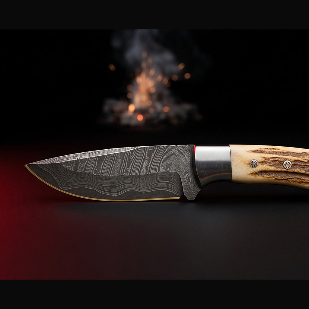 Damascus drop point hunting knife with stag horn handle, left side profile