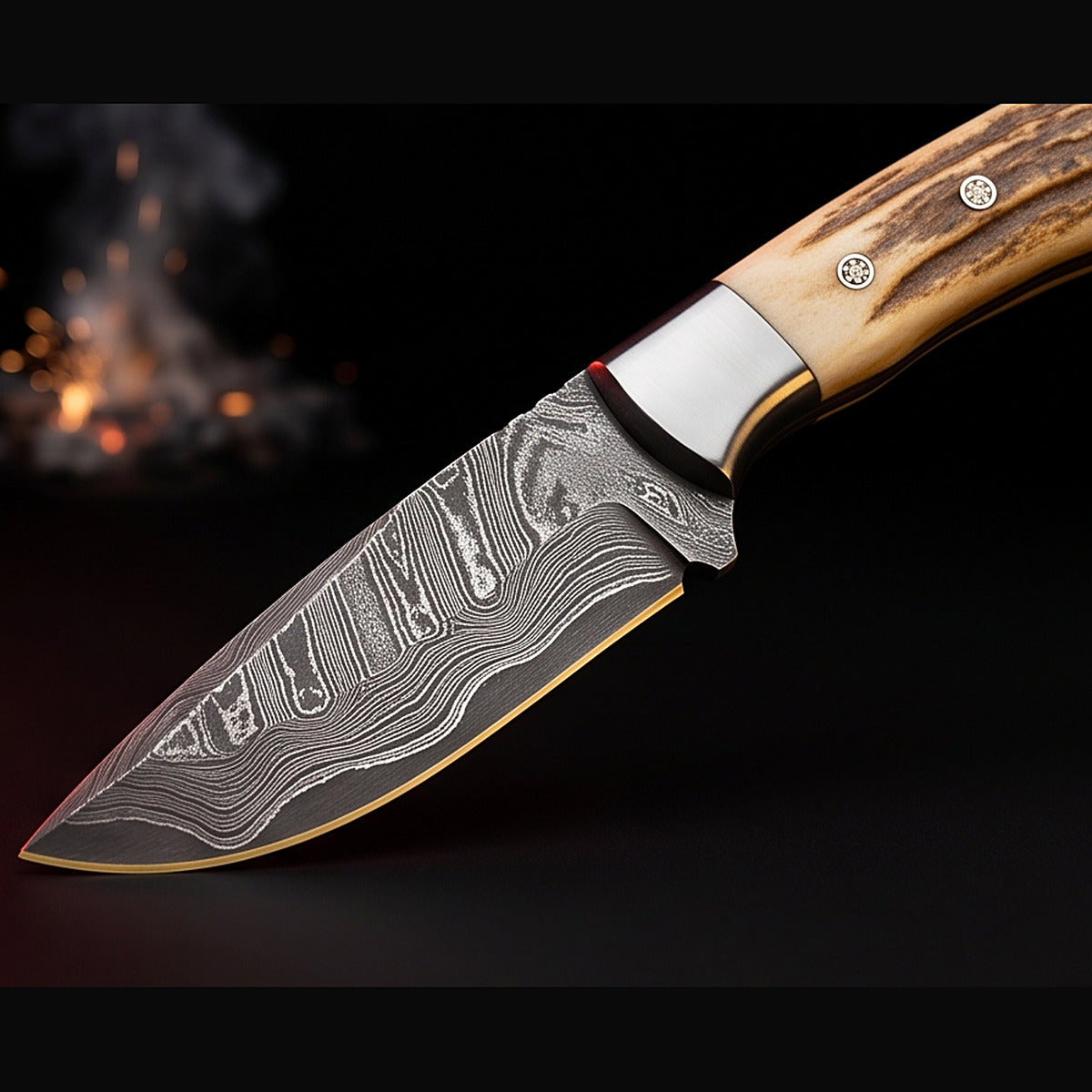 Damascus drop point hunting knife with stag horn handle, blade and cutting edge detail