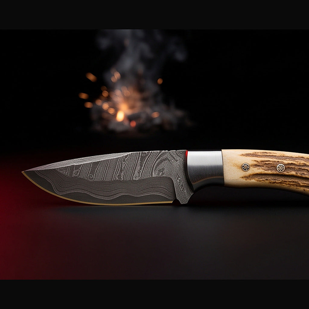 Damascus drop point hunting knife with stag horn handle, right side profile