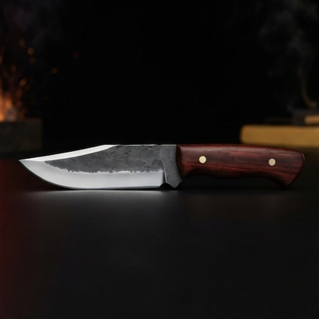 1095 high carbon steel drop point hunting knife with rosewood handle and brass pins, right side profile