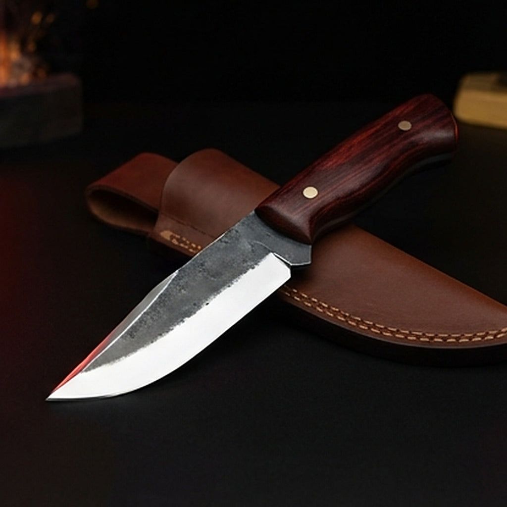1095 high carbon steel drop point hunting knife with rosewood handle and brass pins, with its leather sheath