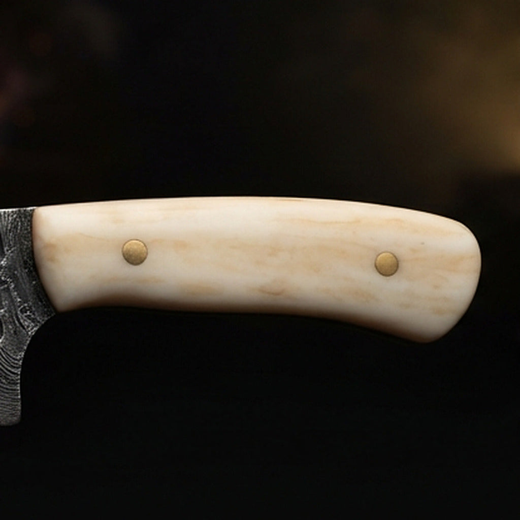 Damascus steel skinning knife with polished camel bone handle and brass pins, handle close up