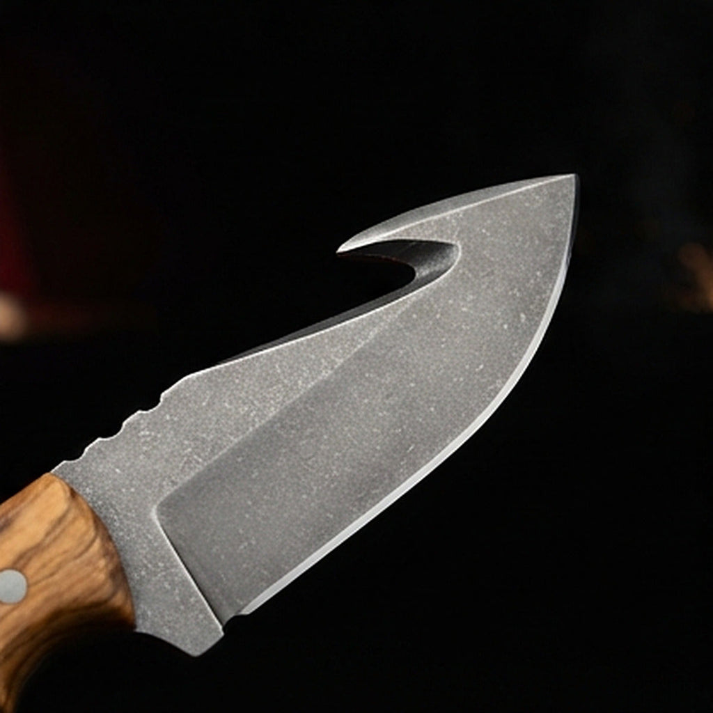 D2 tool steel gut hook skinning knife with olive wood handle and steel pins, cutting edge and tip detail