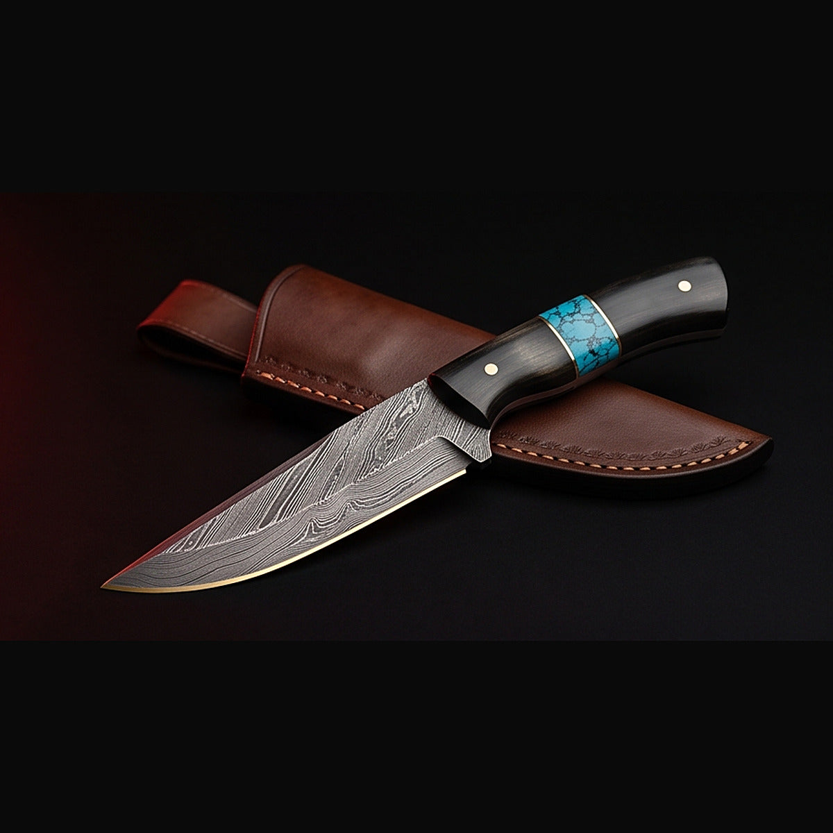 Damascus drop point hunting knife with black horn and turquoise handle and leather sheath
