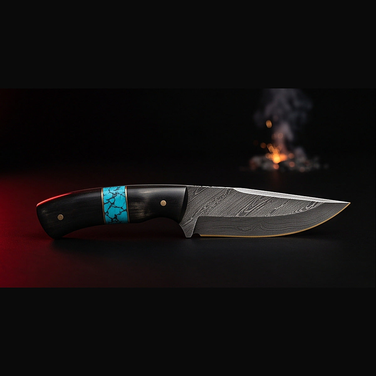 Damascus drop point hunting knife with black horn and turquoise handle, left side profile