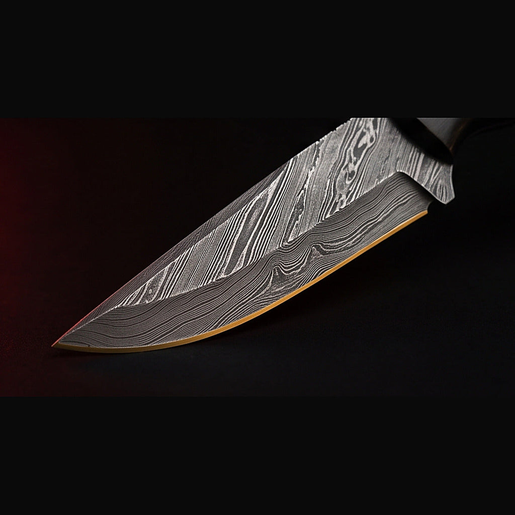 Damascus drop point hunting knife with black horn and turquoise handle, blade and cutting edge detail