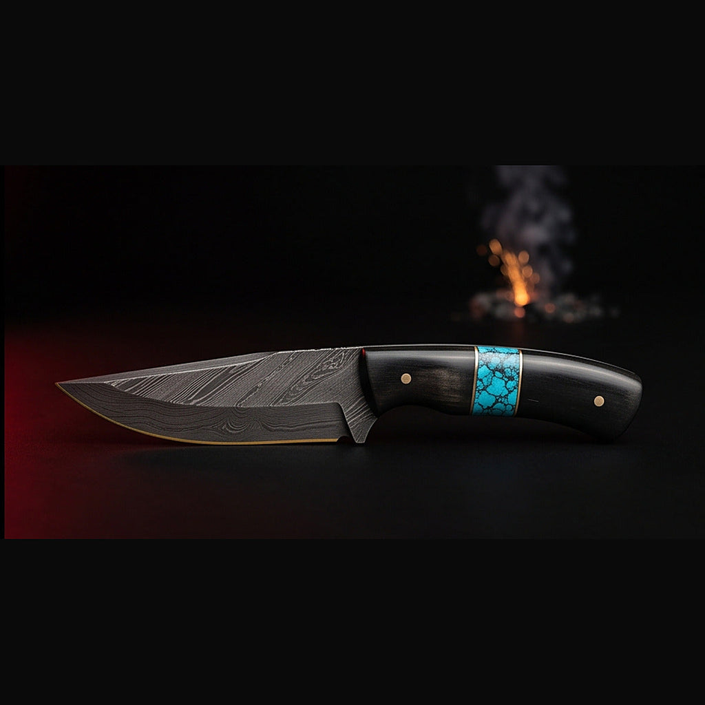 Damascus drop point hunting knife with black horn and turquoise handle, right side profile