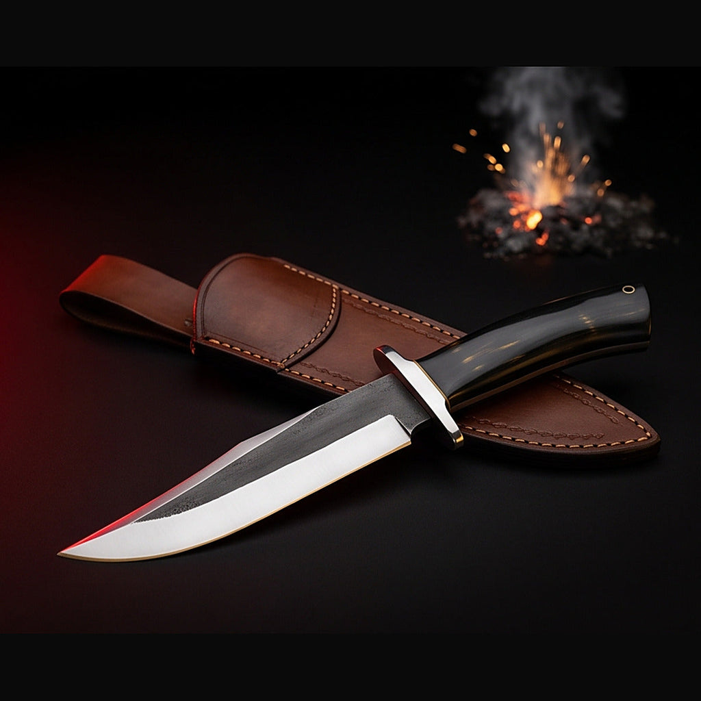 1095 high carbon steel bowie knife with black horn handle and leather sheath
