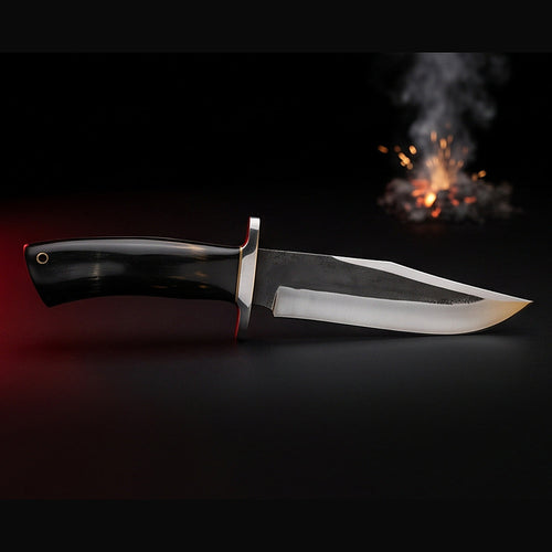 1095 high carbon steel bowie knife with black horn handle, left side profile