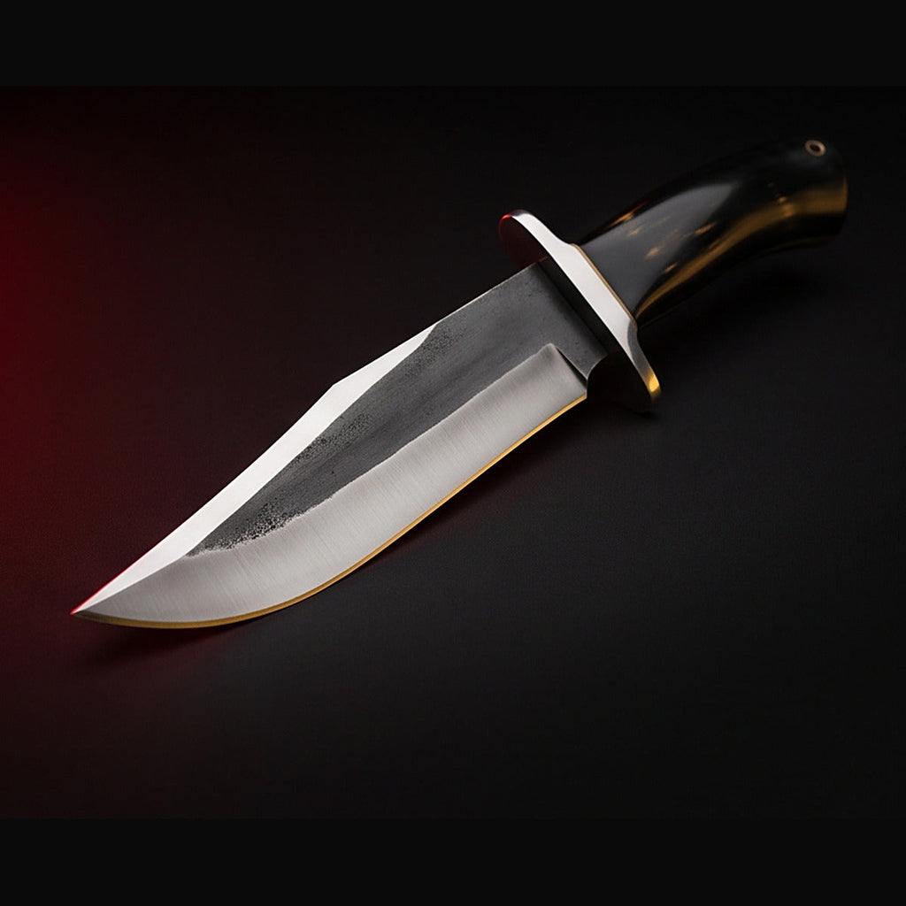 1095 high carbon steel bowie knife with black horn handle, blade and cutting edge detail