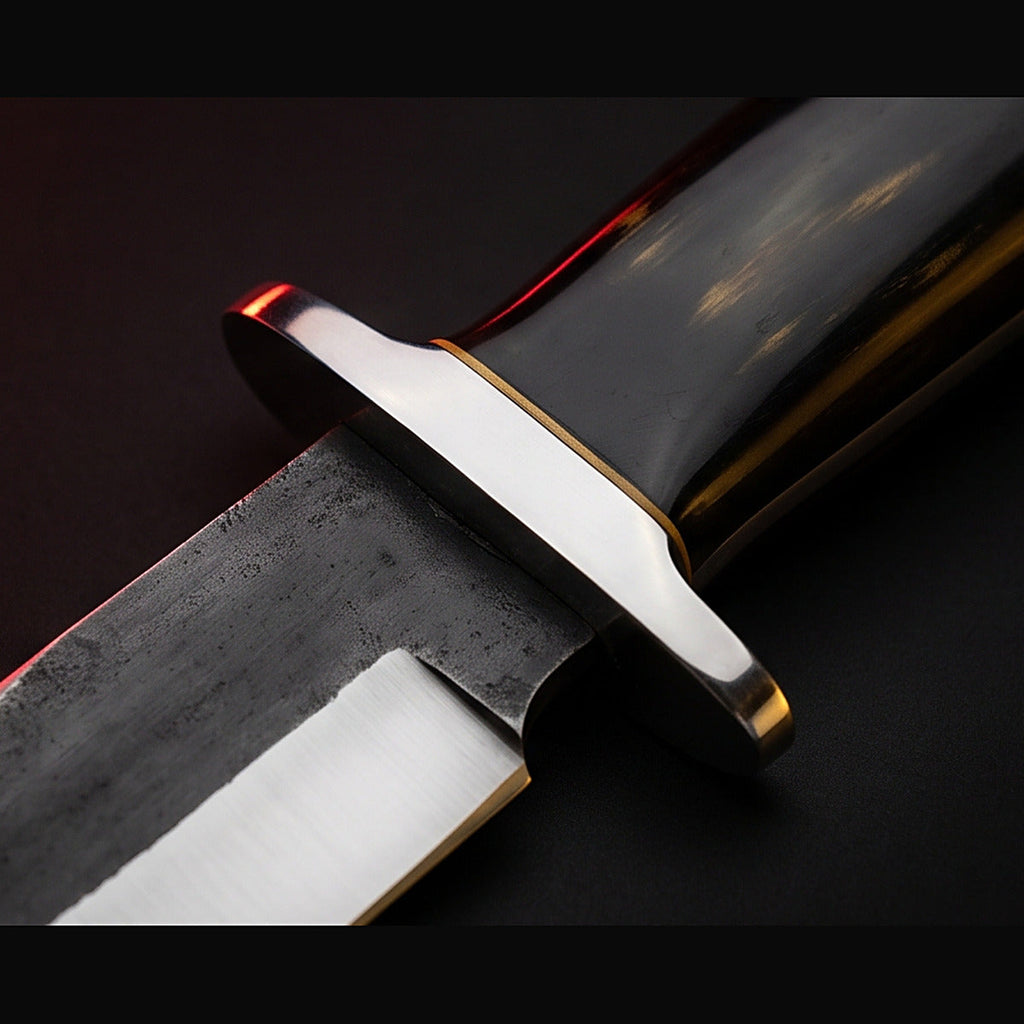 1095 high carbon steel bowie knife with black horn handle, guard and handle close up