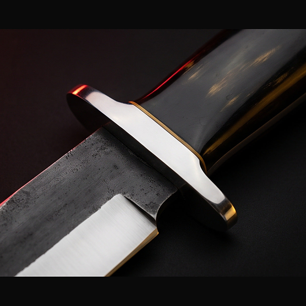 1095 high carbon steel bowie knife with black horn handle, guard and handle close up