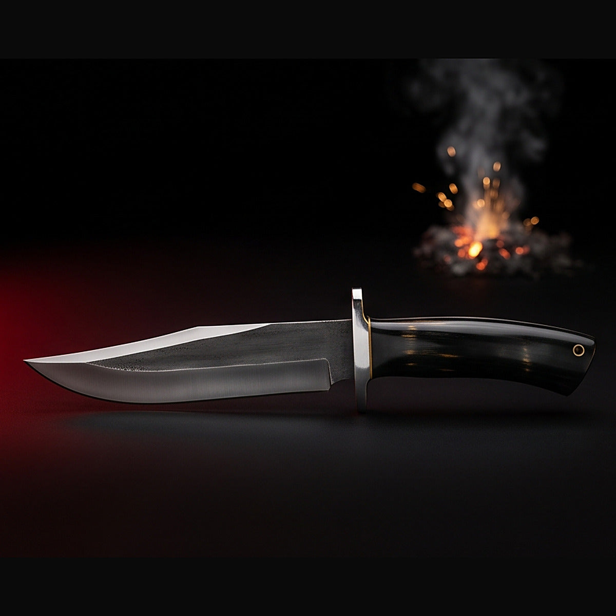 1095 high carbon steel bowie knife with black horn handle, right side profile