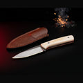 D2 steel caping knife with white bone handle and leather sheath