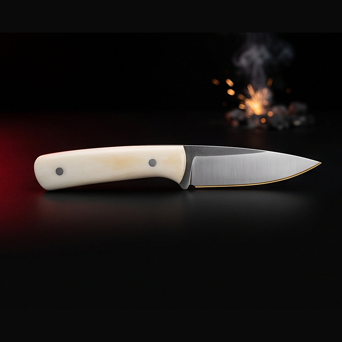 D2 steel caping knife with white bone handle, left side profile