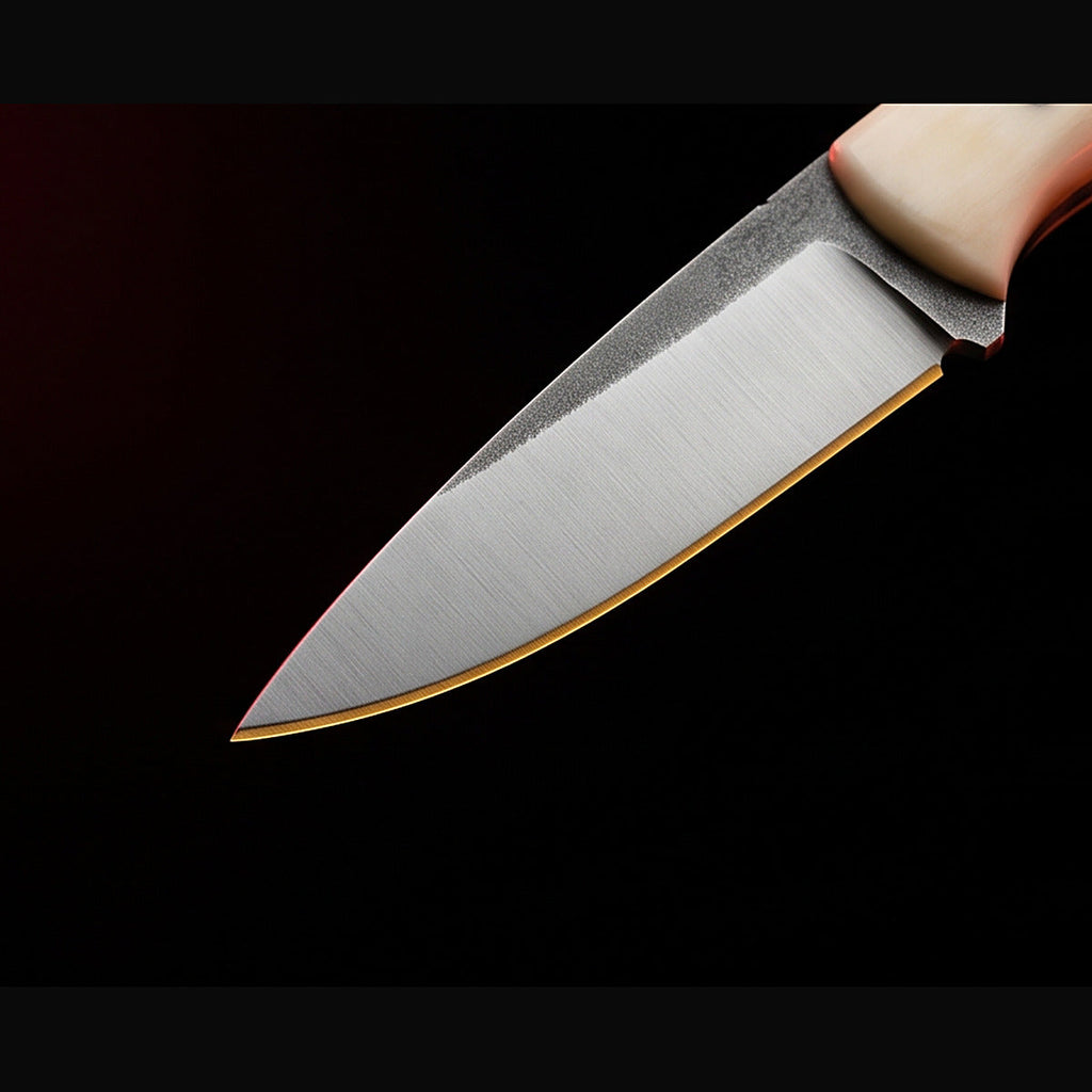 D2 steel caping knife with white bone handle, blade and cutting edge detail
