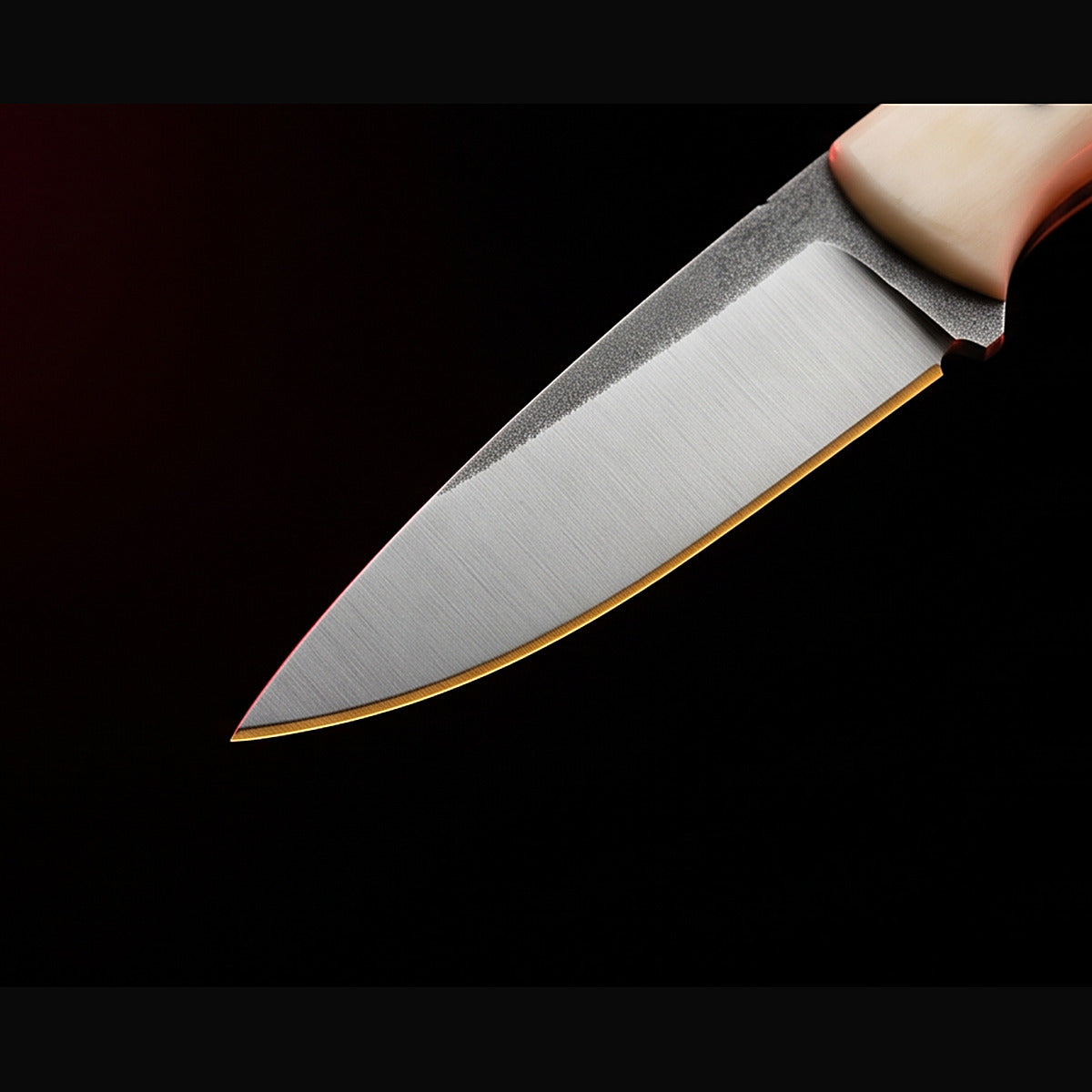 D2 steel caping knife with white bone handle, blade and cutting edge detail