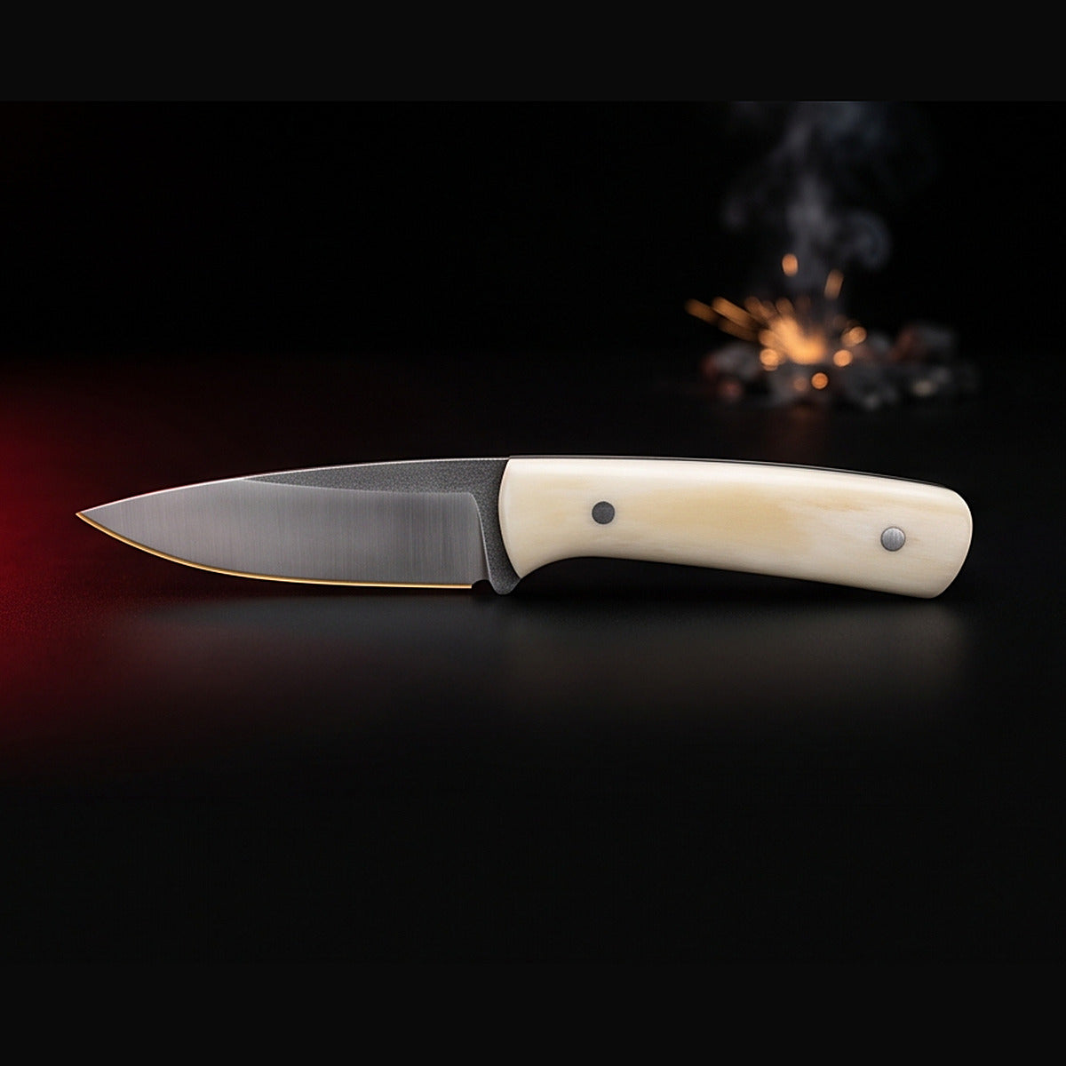 D2 steel caping knife with white bone handle, right side profile