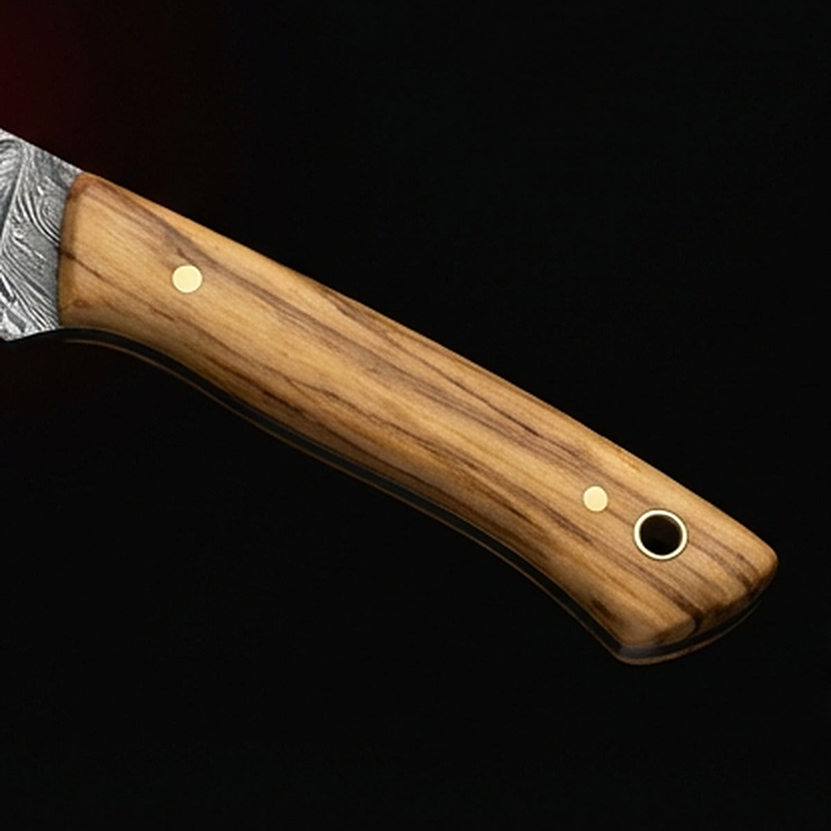 Damascus steel bird and trout knife with slim olive wood handle and brass pin, handle close up