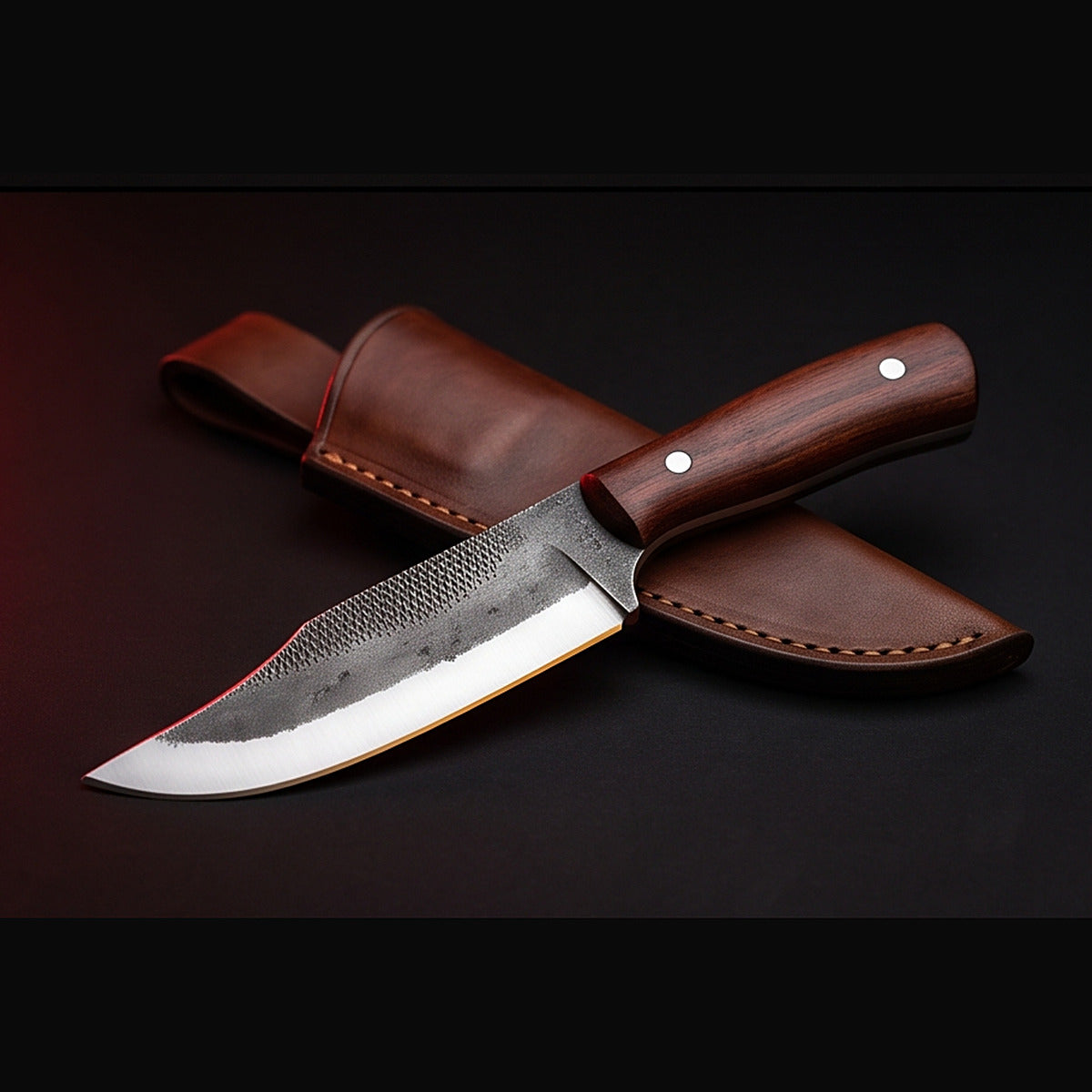 Rasp steel nessmuk bushcraft knife with rosewood handle and leather sheath