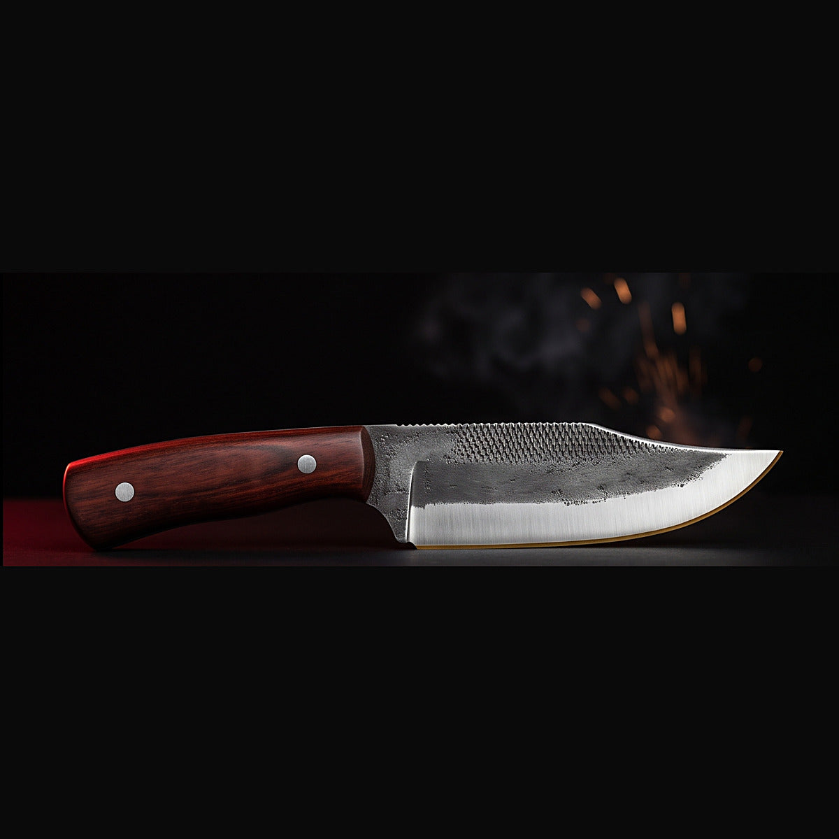 Rasp steel nessmuk bushcraft knife with rosewood handle, left side profile