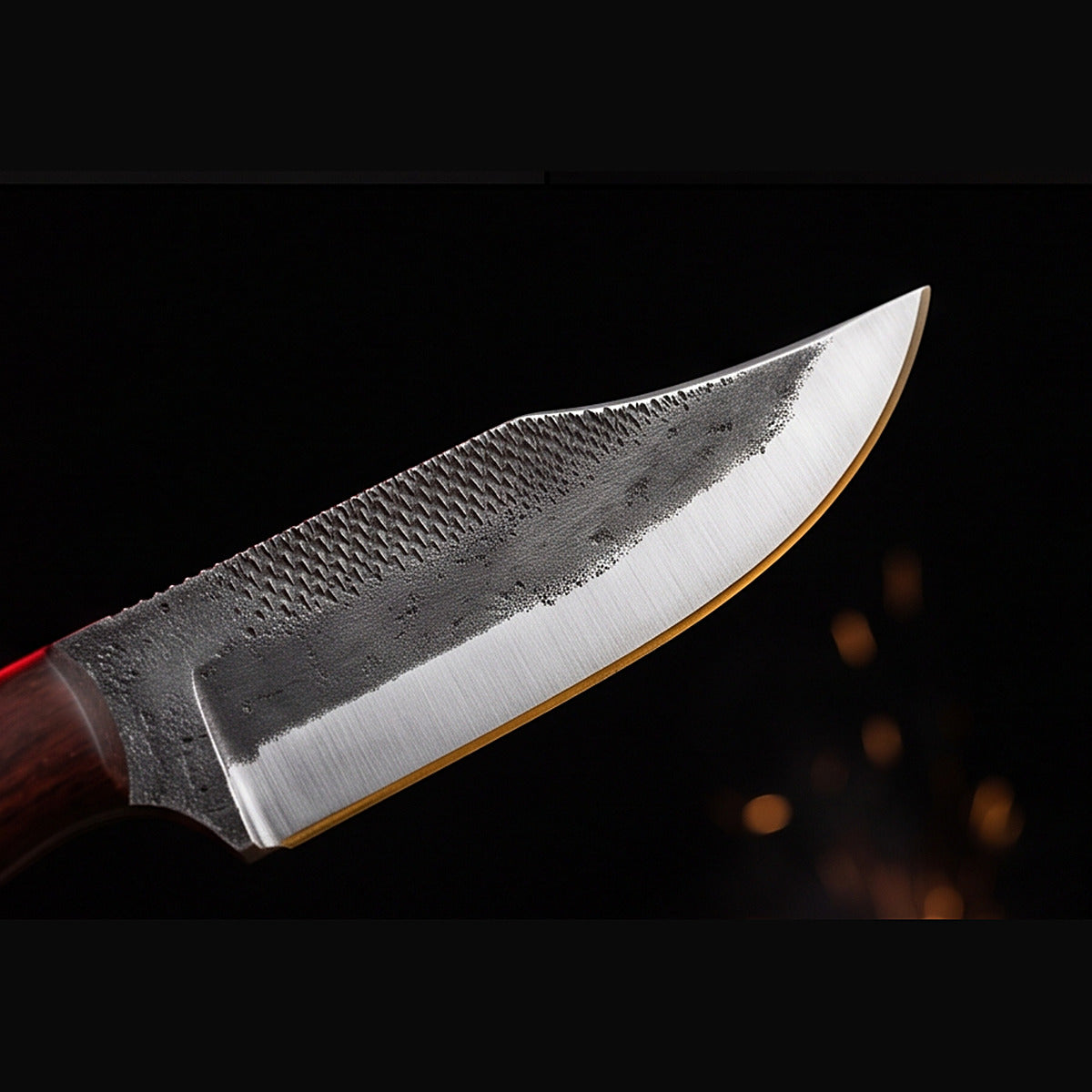 Rasp steel nessmuk bushcraft knife with rosewood handle, blade and cutting edge detail