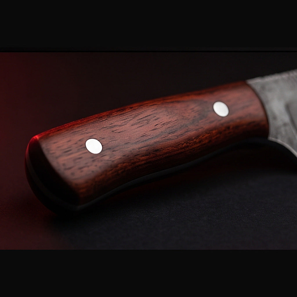 Rasp steel nessmuk bushcraft knife with rosewood handle, handle close up