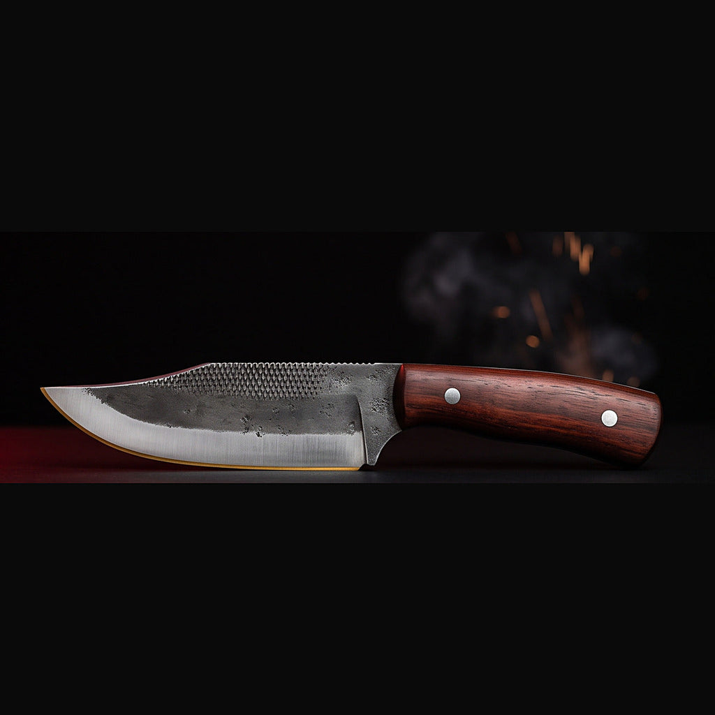 Rasp steel nessmuk bushcraft knife with rosewood handle, right side profile