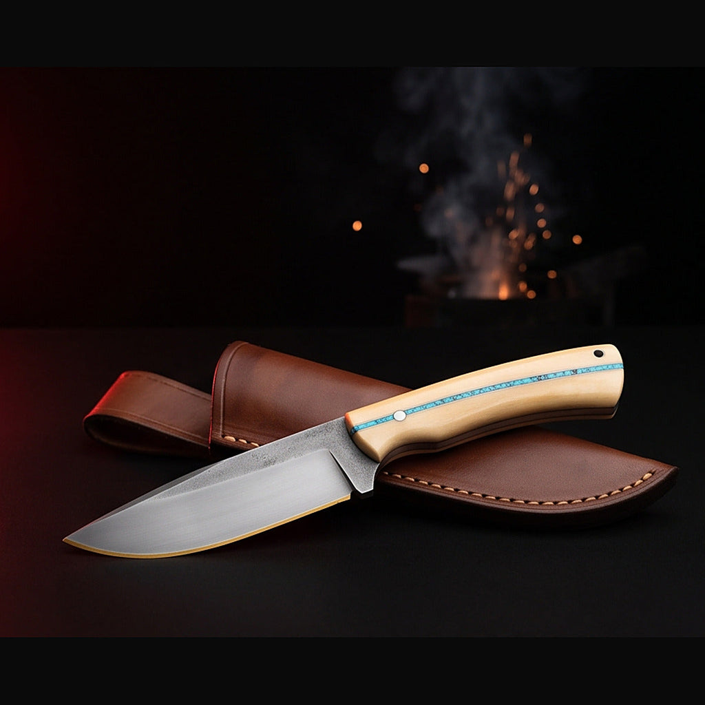 1095 high carbon hunting knife with bone handle and turquoise inlay and leather sheath