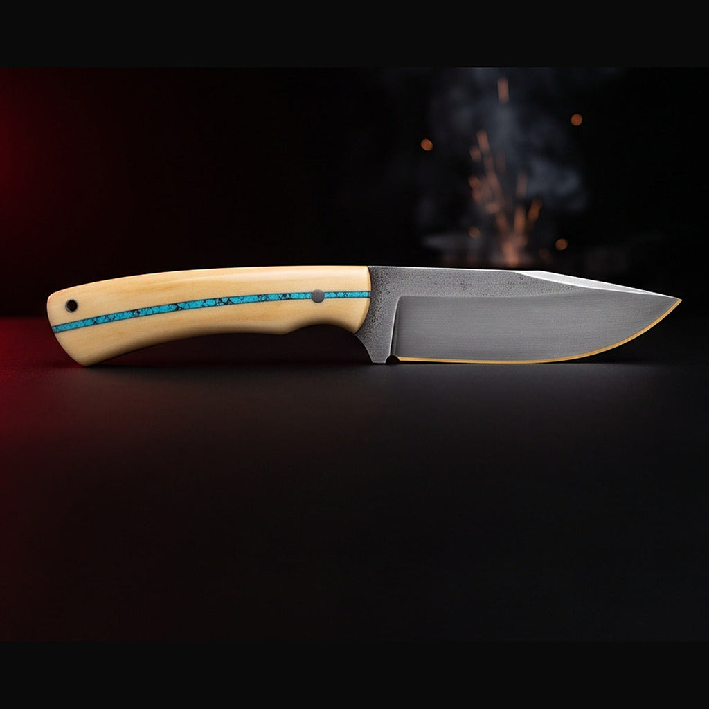 1095 high carbon hunting knife with bone handle and turquoise inlay, left side profile