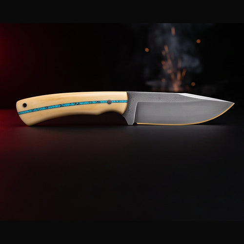 1095 high carbon hunting knife with bone handle and turquoise inlay, left side profile