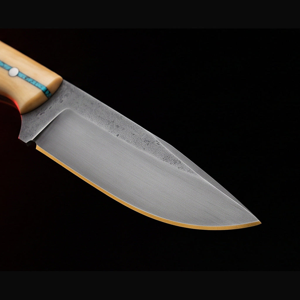 1095 high carbon hunting knife with bone handle and turquoise inlay, blade and cutting edge detail