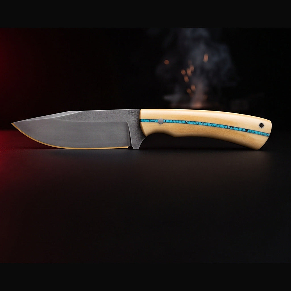 1095 high carbon hunting knife with bone handle and turquoise inlay, right side profile