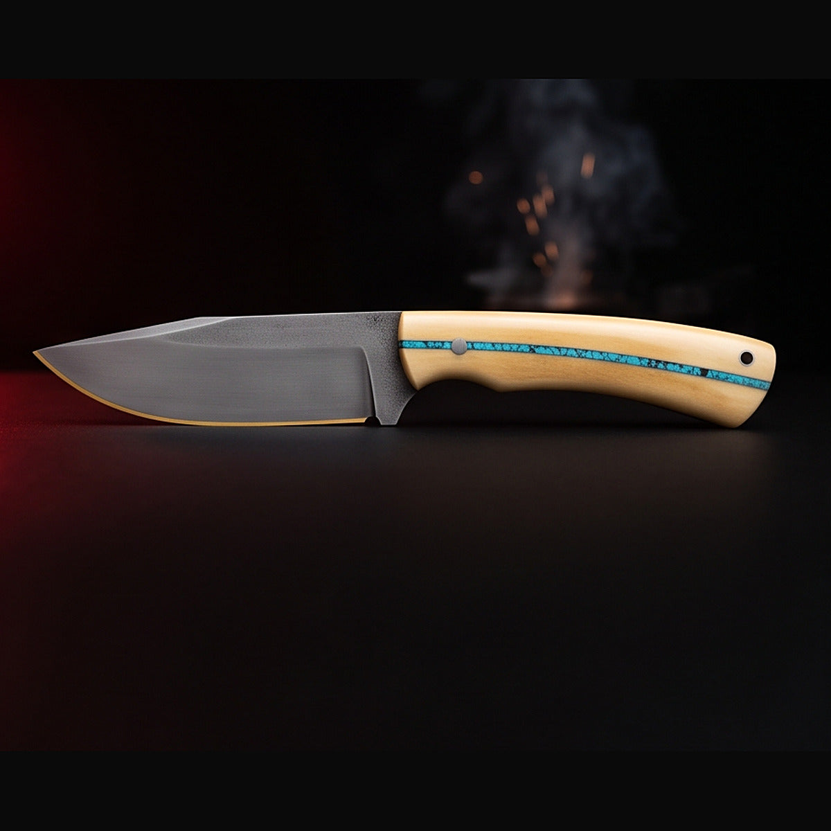 1095 high carbon hunting knife with bone handle and turquoise inlay, right side profile