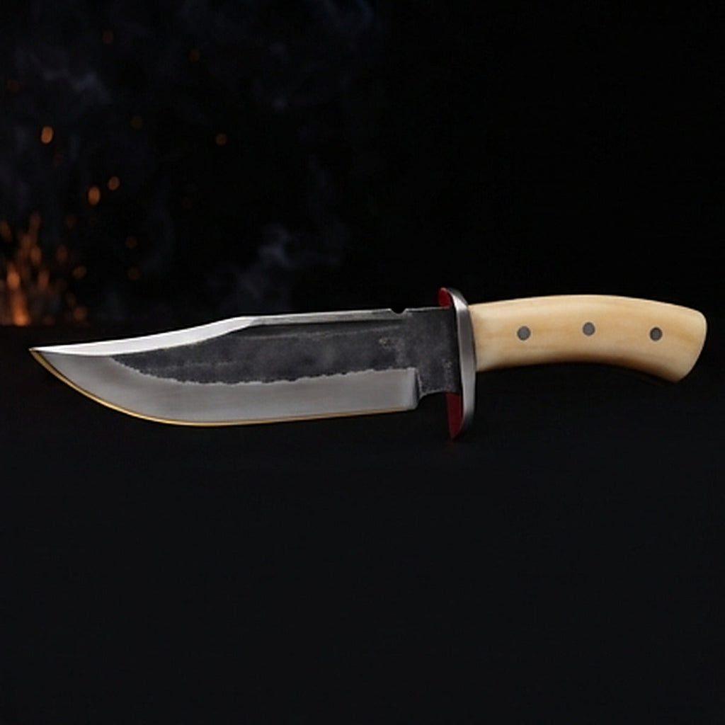 1095 high carbon steel bowie knife with cream bone handle and polished steel guard, right side profile