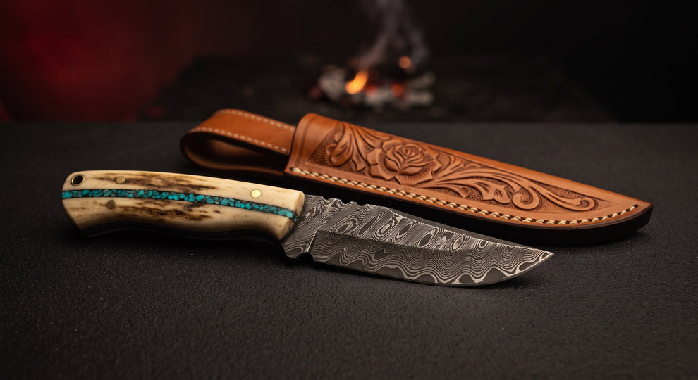 Damascus clip point hunting knife with a twist pattern blade and camel bone handle with a crushed turquoise inlay